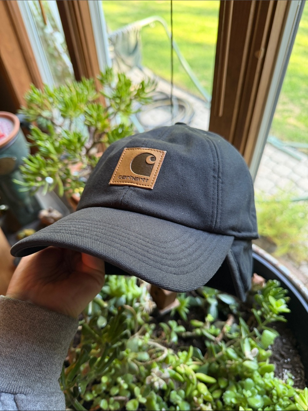 Vintage 90s Carhartt Ear Flap Cap Hat Black Workwear Cold Weather Earflap